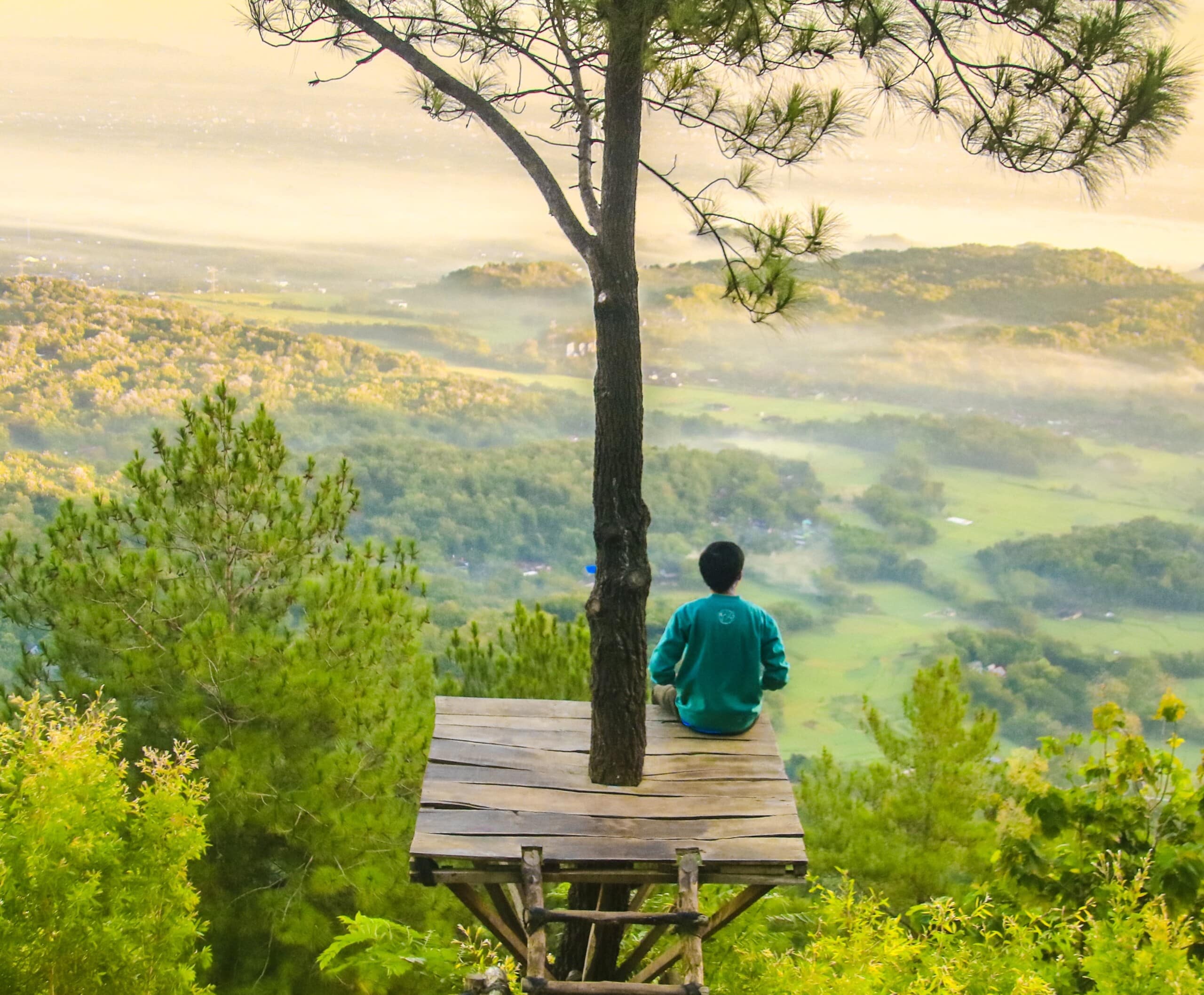A man sits on a wooden platform overlooking a scenic valley, contemplating global innovation in consulting.