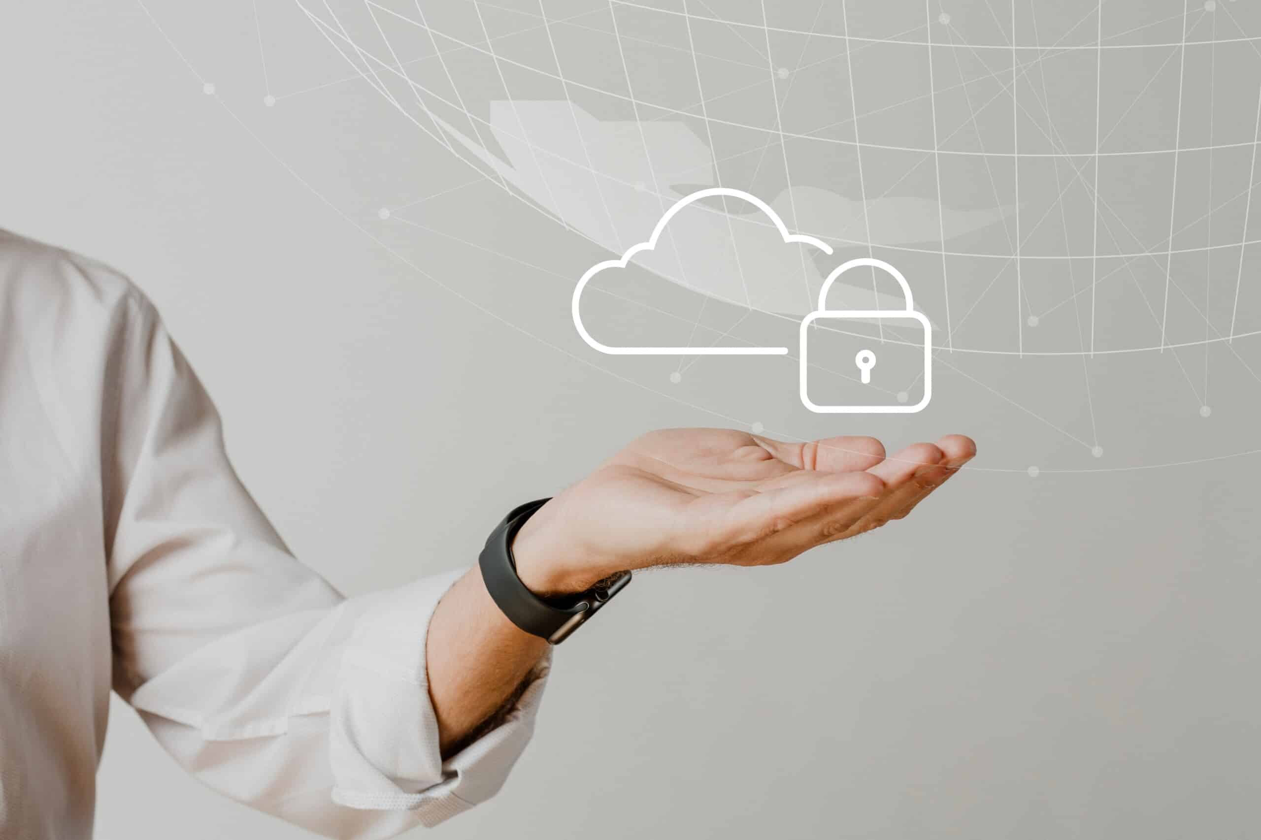 A man holding a cloud with a padlock on it, showcasing his strategic approach to innovative consulting.