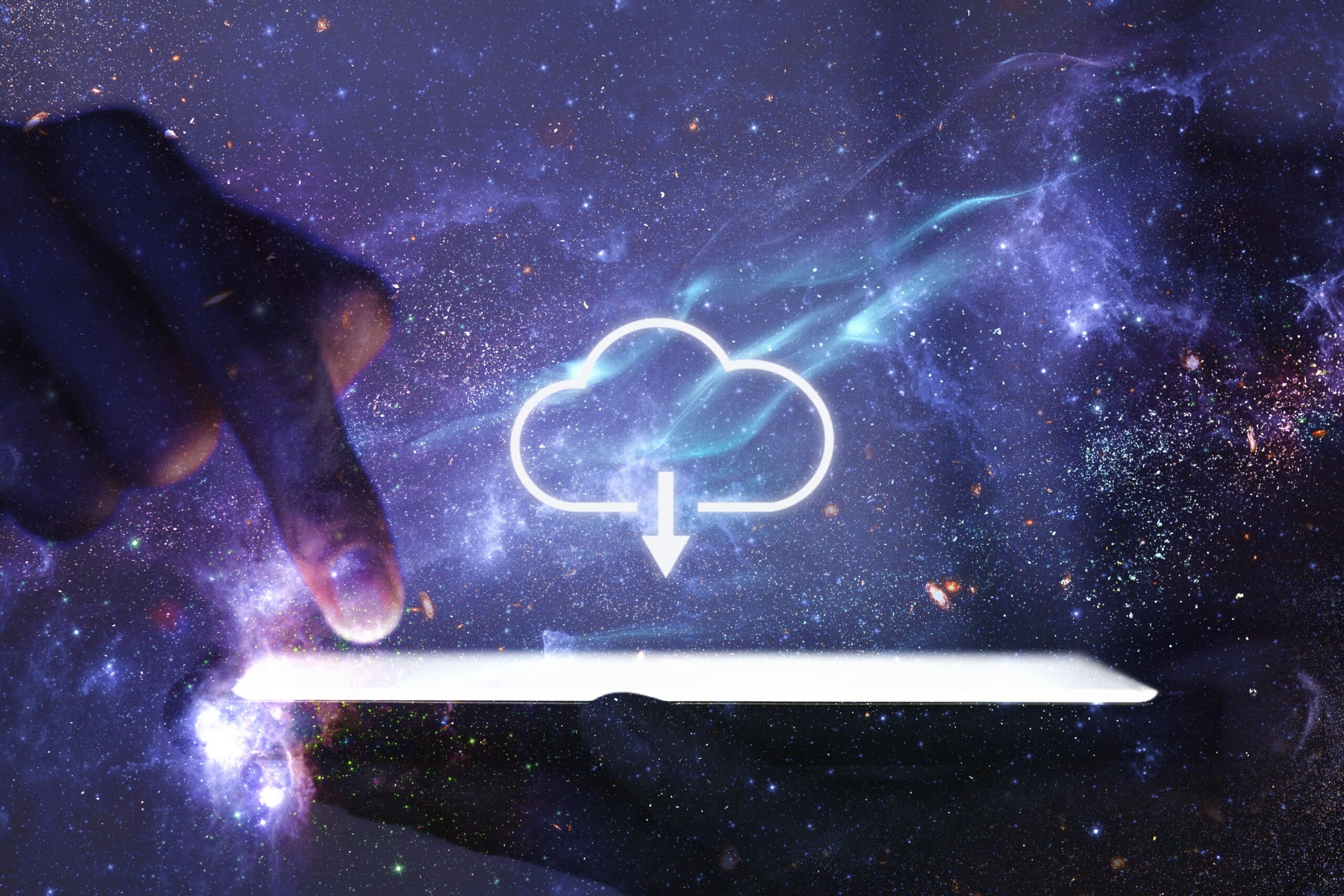 A hand is holding a tablet with a global cloud icon, representing the strategic use of tech.