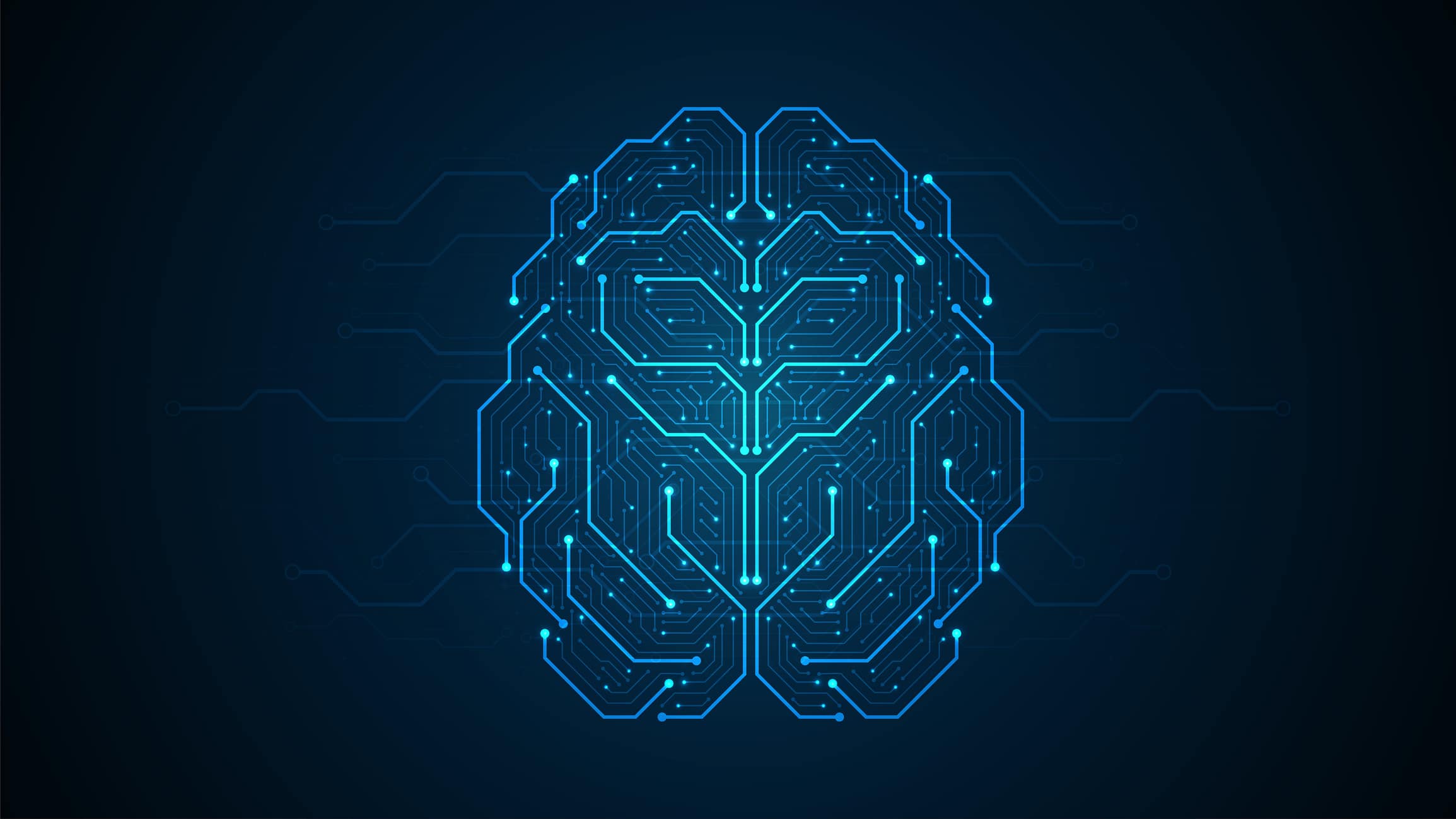 A strategic blue brain on a dark background.