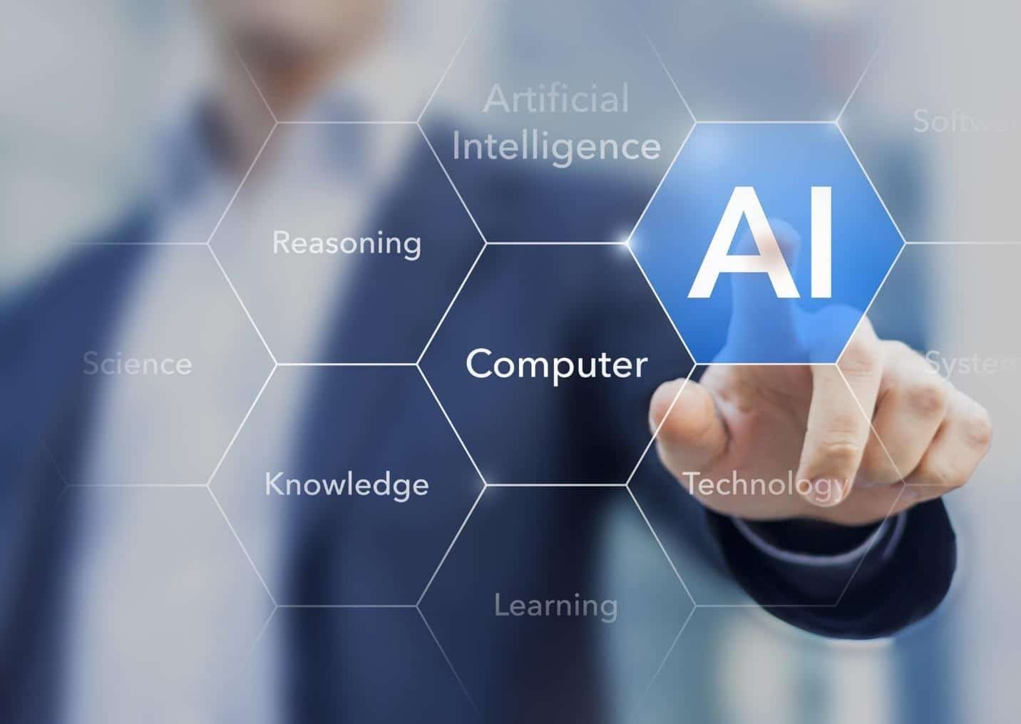 A man in a suit is pointing at the word ai in an innovative company.