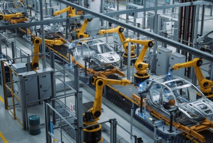 A strategic tech company operating a factory with robots working on cars.