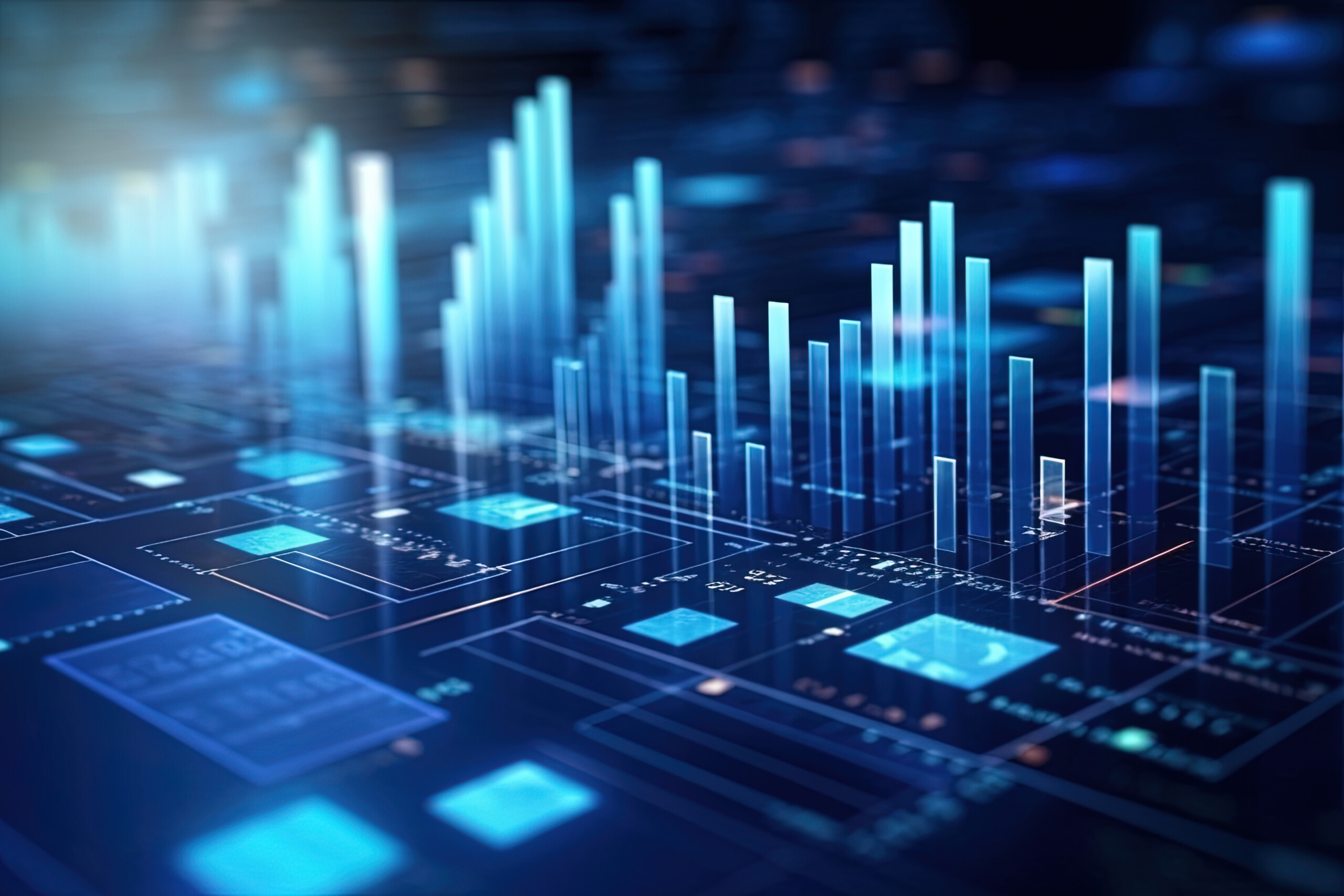 Perspective view of stock market growth, business investing and data concept with digital financial chart graphs, diagrams and indicators on dark blue blurry background