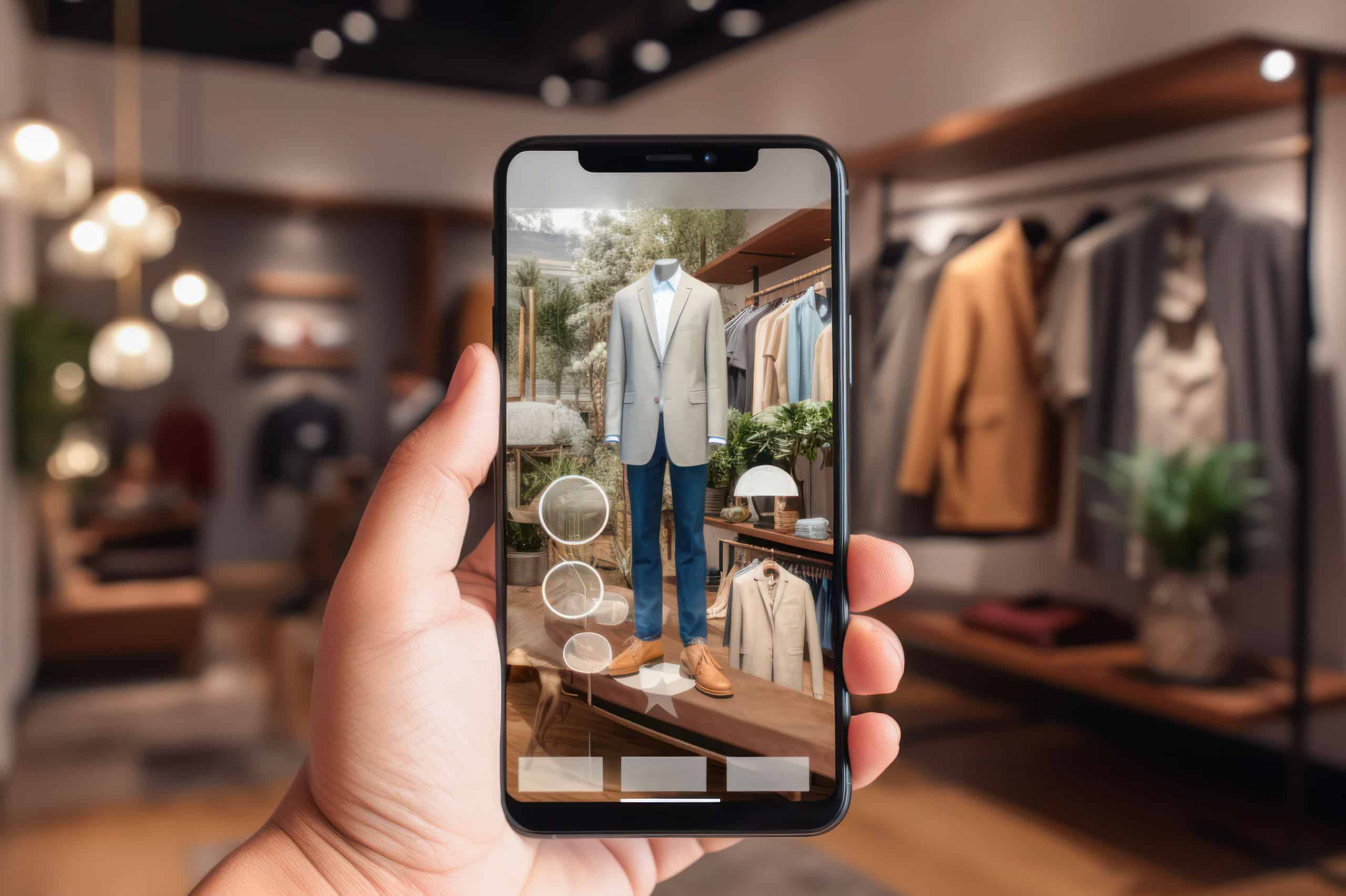 A customer is holding up a smartphone in a clothing store, enhancing their customer experience.